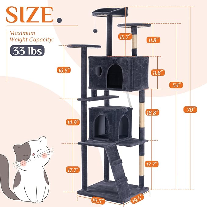 DUMOS 70-inch Indoor Cat Tree Tower –Multi-Level Pet House for Large Cats with 2 Condos, Scratching Posts, Round Platform, Small Ladder, and Toys, Grey