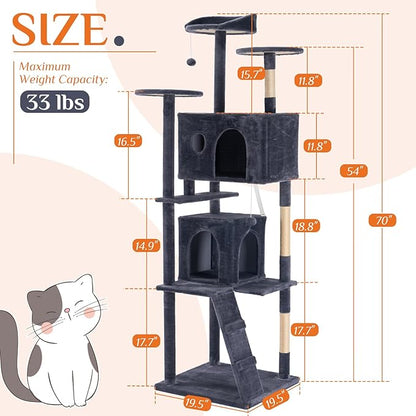 DUMOS 70-inch Indoor Cat Tree Tower –Multi-Level Pet House for Large Cats with 2 Condos, Scratching Posts, Round Platform, Small Ladder, and Toys, Grey