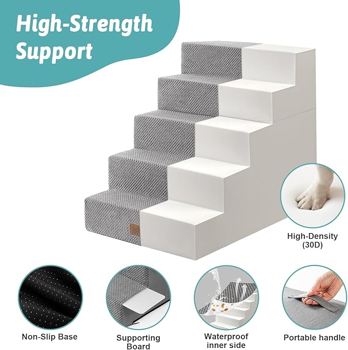 CCOZY KISS Dog Stairs for Small Dogs, 5 Tier Removable Wider Pet Stairs for Couch and Bed, 23.6" H Non-Slip Dog Steps for Puppies and Old Cats with Support Board, 19.7x29.5x23.6 inch, Grey