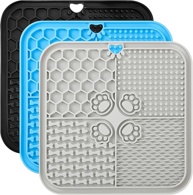 Dog Lick Mat, 3Pack Dog Slow Feeder, Non-Slip Design Lick Mat for Dogs and Cats, Boredom and Anxiety Reducer,Suitable for Treats, Yogurt, Peanut Butter (Grey+Black+SkyBlue)