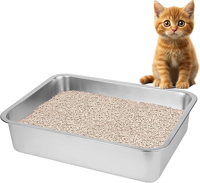 Stainless Steel Cat Litter Box for Big Cats,Small Stainless Steel,Large Metal Cat Litter Box-Easy to Clean.(17.5" L x 13.6" W x 4.1" H).