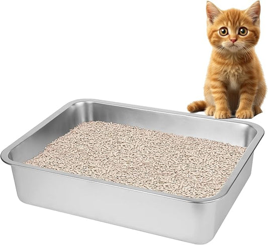 Stainless Steel Cat Litter Box for Big Cats,Small Stainless Steel,Large Metal Cat Litter Box-Easy to Clean.(17.5" L x 13.6" W x 4.1" H).