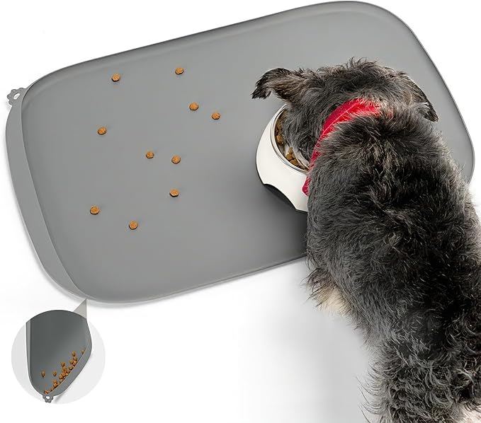 Silicone Dog Food Mat with Side Pocket & Hook Hole, Soft Raised Edges, Easy Clean Waterproof Non-Slip Pet Feeding Mat for Cats and Dogs Water Bowl, Pets Accessories(24"x16",Grey)