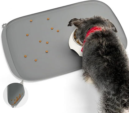 Silicone Dog Food Mat with Side Pocket & Hook Hole, Soft Raised Edges, Easy Clean Waterproof Non-Slip Pet Feeding Mat for Cats and Dogs Water Bowl, Pets Accessories(24"x16",Grey)