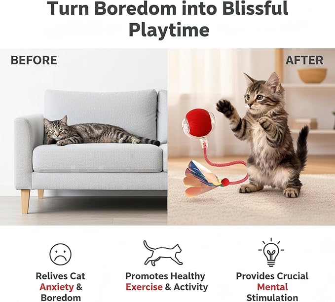 JBD Interactive Cat Toy Ball for Indoor Cats - Silent Automatic Rolling & Self Moving Electric Kitten Toys, USB Rechargeable Smart Ball with Tail, Motion Activated Hunting Exercise for Bored Cats Red