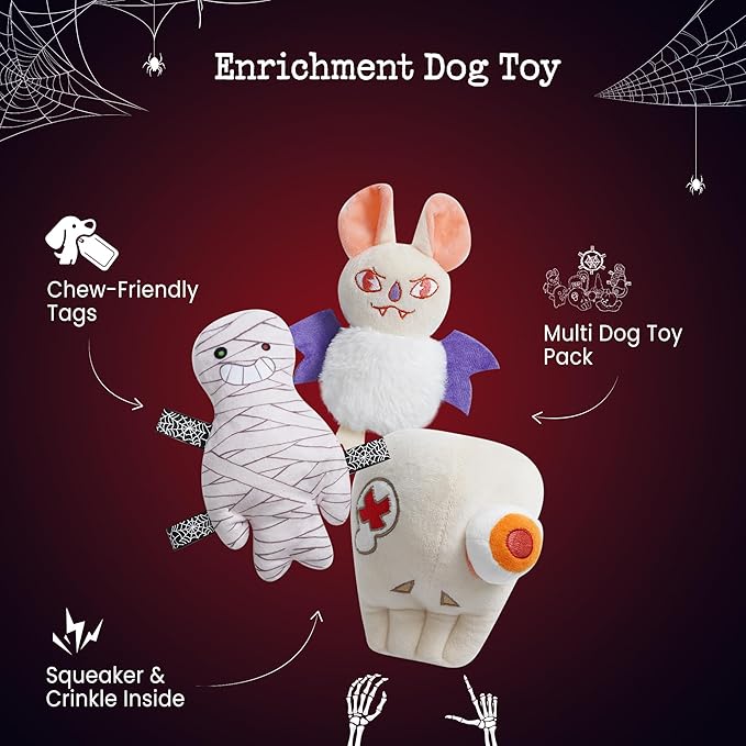 10PC Small Dog Toys Set, Creepy-Theme Puppy Enrichment Small Dog Toys Squeaky & Crinkle Funny Plush Stuffed Christmas Stocking Stuffers Bundle for with Pumpkin, Skeleton, Mummy, Bat & More