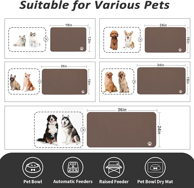 Dog Food Mat - Absorbent Cat Mat for Food and Water, No Stains Pet Feeding Bowl Mat, Easy to Clean Pet Placemats, Quick Dry Dog Water Dispenser Mat for Messy Drinkers | Paw Brown 18"x34"