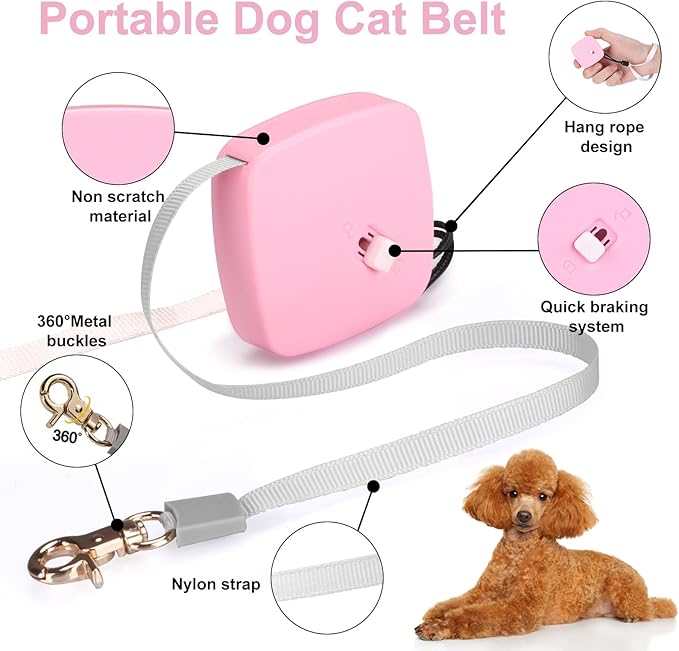 Retractable Dog Leash for Small Dogs Cats up to 11lbs with 6.5ft Anti-Pull Strong Nylon Tape, Hands Free, Mini and Portable Walking Leash with Wrist Strap, One-Hand Brake, Pink Square