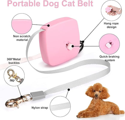 Retractable Dog Leash for Small Dogs Cats up to 11lbs with 6.5ft Anti-Pull Strong Nylon Tape, Hands Free, Mini and Portable Walking Leash with Wrist Strap, One-Hand Brake, Pink Square