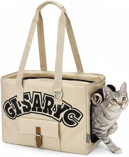 Dog Purse Carrier for Small Dogs, Cats and Puppies – Soft-Sided Foldable Pet Travel Bag with Multi Pockets, 3-Sided Mesh & Rollable Cover for Nervous Cats, Fits Pets up to 15 lbs (Beige)