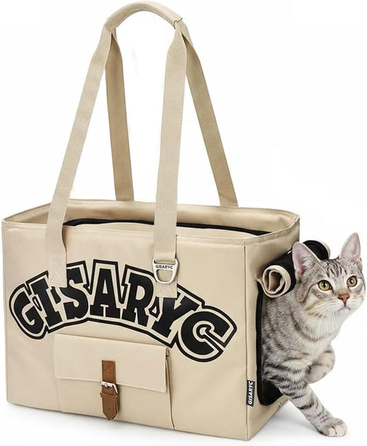 Dog Purse Carrier for Small Dogs, Cats and Puppies – Soft-Sided Foldable Pet Travel Bag with Multi Pockets, 3-Sided Mesh & Rollable Cover for Nervous Cats, Fits Pets up to 15 lbs (Beige)