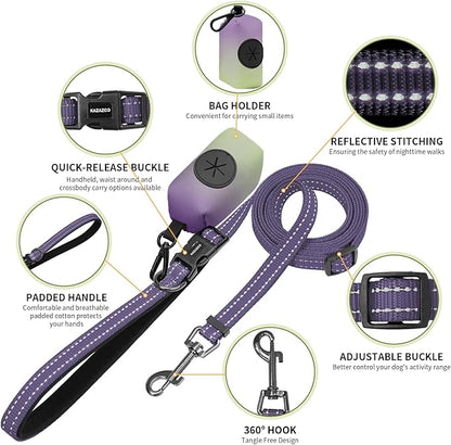 Kazazoo Hands-Free Dog Leash with Poop Bag Holder, Adjustable 4-7 Ft Waist for Dog Walking, Running for Small & Medium Dogs with Reflective Strips, Nylon Waist Belt, Deep Purple
