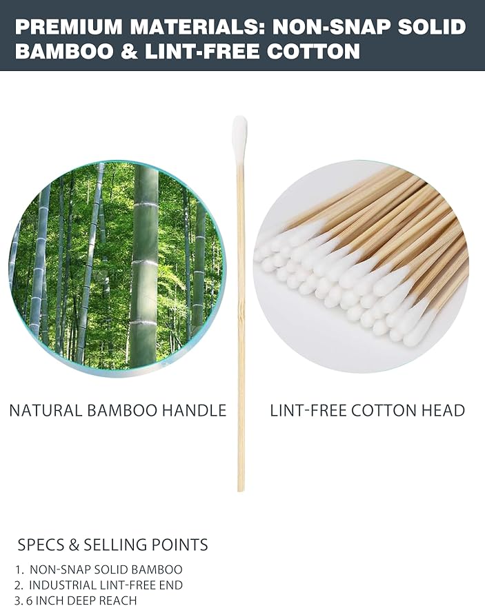 Dog Ear Swabs 6 Inch (600 Count, 6 Resealable Packs) - Bamboo Pet Cotton Buds, Large Round Tips for Puppy Ear Wax Cleaning, Tear Stain Removing & Grooming Refill