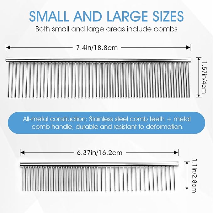 2PCS Metal Pet Combs,Different Spaced Rounded End Teeth Detangler Deshedding Comb for Dog,Cat,Pet