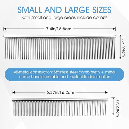 2PCS Metal Pet Combs,Different Spaced Rounded End Teeth Detangler Deshedding Comb for Dog,Cat,Pet