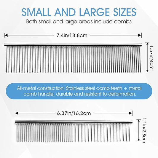 2PCS Metal Pet Combs,Different Spaced Rounded End Teeth Detangler Deshedding Comb for Dog,Cat,Pet