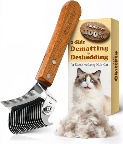 Cat Brush for Long Haired Cats - Double Sided Dematting Undercoat Rake for Persian, Ragdoll, Maine Coon - Professional Grooming Tool to Remove Mats, Tangles & Shedding - Skin-Safe Teeth