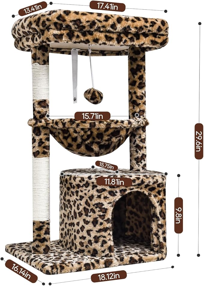SYANDLVY Small Leopard Print Cat Tree for Indoor Cats, Cat Tower with Scratching Post, Modern Cat House with Padded Perch, Kittens Condo with Cradle, Cat Cave