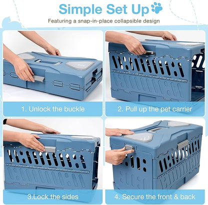Pet Carrier for Cats & Small Dogs, Foldable & Durable Hard Cat Carrier Plastic, 2-Door 360° Ventilation Clear Top Pet Travel Kennel Crate for Longer Traveling Upto 22Lbs (22.0" L x 13.0" W x 14.6" H)