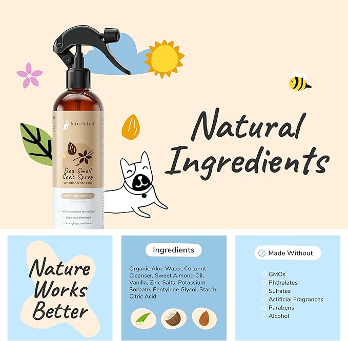 kin+kind Dog Deodorizing Spray - Safe, Natural, & Easy to Use Pet Odor Eliminator - Premium Dog Detangler Spray Formula Made w/Aloe - Dog Deodorizer for Smelly Dogs Made in the USA (12 fl oz)