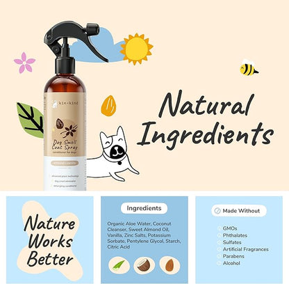 kin+kind Dog Deodorizing Spray - Safe, Natural, & Easy to Use Pet Odor Eliminator - Premium Dog Detangler Spray Formula Made w/Aloe - Dog Deodorizer for Smelly Dogs Made in the USA (12 fl oz)