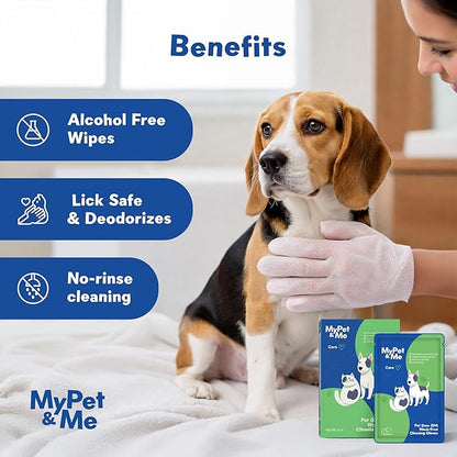 My Pet & Me Pet Glove Wipes for Dogs & Cats, No-Rinse Instant Bath Cleaning Gloves, Soap-Free Grooming Mitts, Individually Wrapped for Travel, Olive & Jojoba Oils, 6 Count