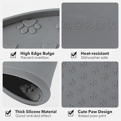 Silicone Pet Food Mat - Waterproof Dog Food Bowl Mat Cat Feeding Mat Thicker Pet Placemat Eating Mat with High Lip to Prevent Spills, Dog & Cat Water Bowl Mat for Messy Drinkers to Protect Floors，Gray