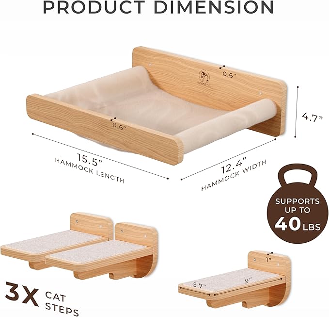 Space-Saving Cat Wall Shelves – Interactive Cat Wall Climber with Hammock & Dog Proof Feeding Station for Small & Medium Indoor Breeds – Solid Natural Wood with Beige Carpet