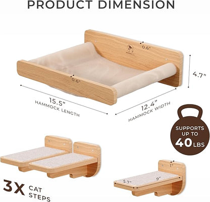 Space-Saving Cat Wall Shelves – Interactive Cat Wall Climber with Hammock & Dog Proof Feeding Station for Small & Medium Indoor Breeds – Solid Natural Wood with Beige Carpet