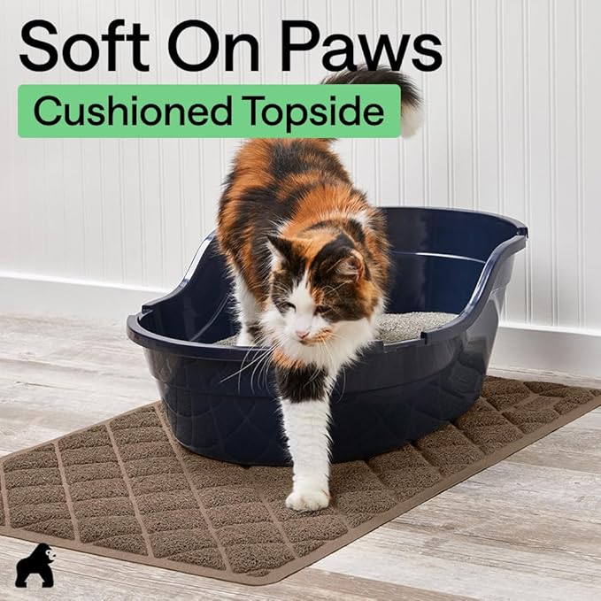 GORILLA GRIP Cat Litter Box Mat, 47x35, Cushioned Coil Mesh Litter Trapping Mats, Scatter Control Supplies for Less Mess, Phthalate Free, Ultra Deep Catch Grooves, Rinse or Vacuum to Clean, Brown