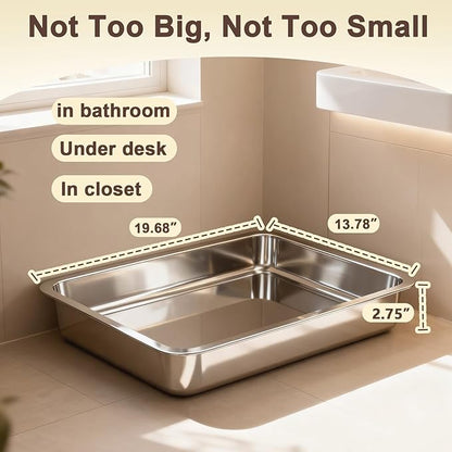 Low Entry Stainless Steel Cat Litter Box for Senior Cats, Large Metal Kitten Shallow Litter Box, Easy Access Kitty Litter Tray-19.68'' Lx 13.78'' W x 2.76'' H