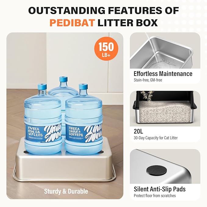 Removable Stainless Steel Cat Litter Box with lid, Side & Top Entry Kitty LitterBox，Cat Litter Box Enclosure, XL Extra Large High-Sided Metal Cat Box with Scoop, Footboard (Black)
