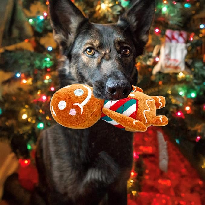 VICARKO Christmas Dog Toys, Plush Squeaky Gifts for Large Medium Small Dogs, Durable Chew Toy, Holiday Stocking, Gingerbread Man, Small 7.5 x 4.5”