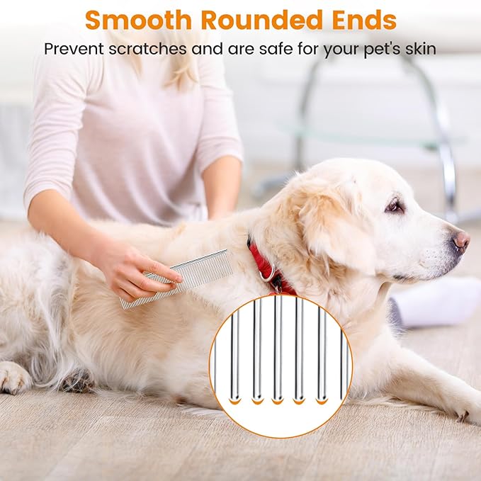 PETTOM 2Pcs Stainless Steel Dog Comb, Round Tooth Cat Comb with 2 Tooth Widths, Metal Combs for Removing Knots and Tangles, Grooming Tool for Long and Short Hair Pets, 7.5 IN Silver
