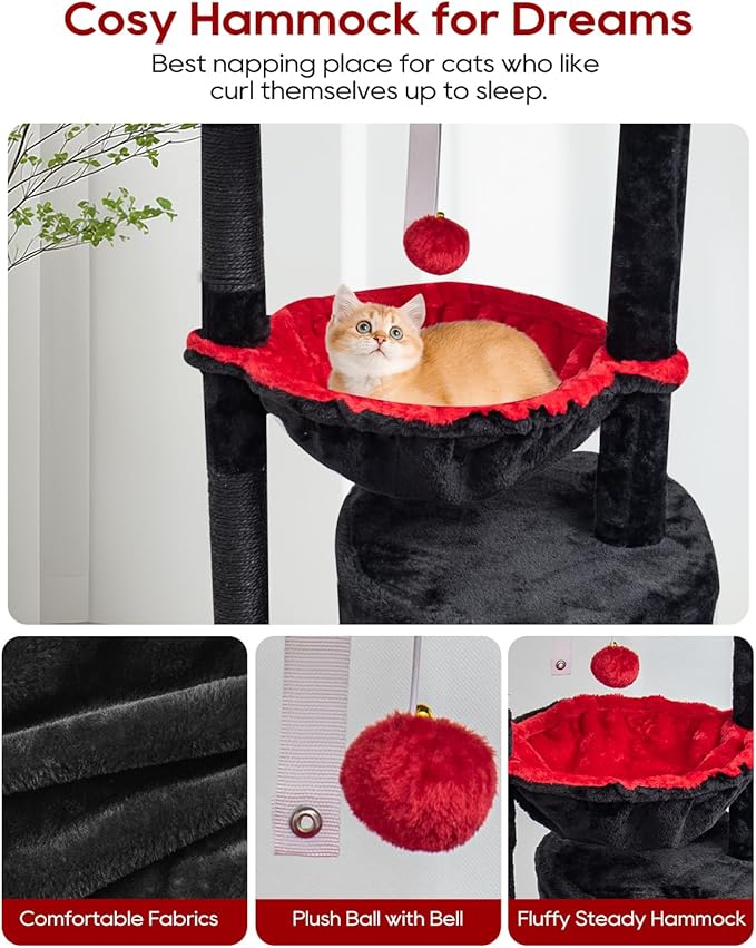 SYANDLVY Gothic Cat Tree with Coffin Bed for Indoor Cats, Small Cat Tower with Scratching Post, Modern Activity House Condo with Cradle, Kittens Cave, Black & Red