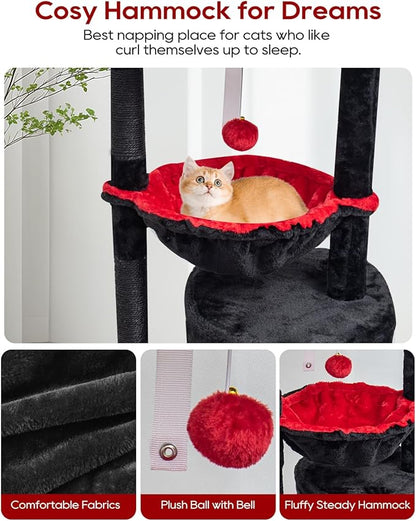 SYANDLVY Gothic Cat Tree with Coffin Bed for Indoor Cats, Small Cat Tower with Scratching Post, Modern Activity House Condo with Cradle, Kittens Cave, Black & Red