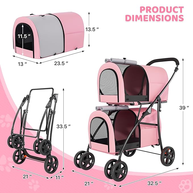 Magshion Double Dog Stroller with 2 Detachable Carrier Bags, 4-Wheel Folding Pet Travel Strolling Cart with Storage Pocket for Small-Medium Dogs & Cats Puppy, Pink Gray, Pink
