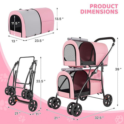 Magshion Double Dog Stroller with 2 Detachable Carrier Bags, 4-Wheel Folding Pet Travel Strolling Cart with Storage Pocket for Small-Medium Dogs & Cats Puppy, Pink Gray, Pink