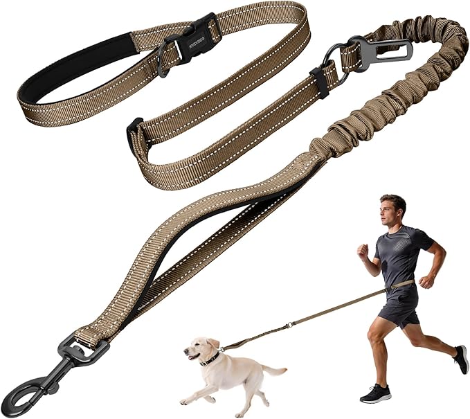 Kazazoo Hands-Free Dog Leash with 5.5-8.5FT Adjustable Length - Heavy Duty No Pull Bungee Design, Reflective Safety for Walking, Jogging & Training | Suitable for Medium to Large Dogs,M Size Brown