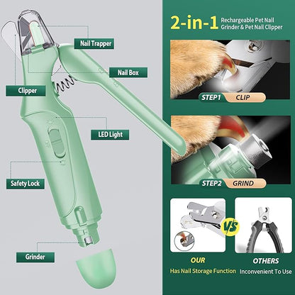 2-in-1 Cat Nail Clippers & Dog Nail Clippers Trimmers for Large Medium Small Dogs Cats Claw Trimmer Quick Sensor and Safety Guard USB Rechargeable with 2 LED Lights Dogs Nail Trimmer