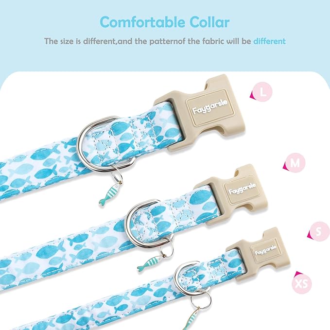 Faygarsle Fish Pattern Dog Collar, Adjustable with Buckle, Blue and White, Summer Design for Small Medium Large Dogs M