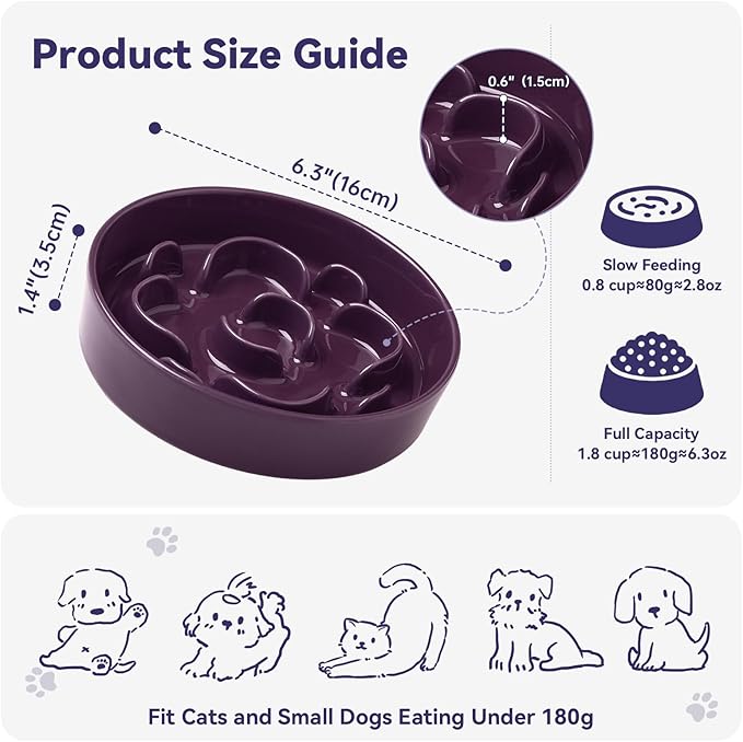 Ceramic Slow Feeder Dog Bowl - Feeding Dish for Fast Eaters - Maze Dog Bowl to Slow Down Eating - Ideal Food Control Dish for Small Breeds - 0.8 Cups (80g) - 6.3 Inch - Purple