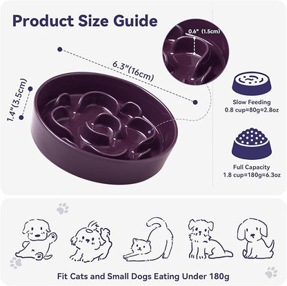 Ceramic Slow Feeder Dog Bowl - Feeding Dish for Fast Eaters - Maze Dog Bowl to Slow Down Eating - Ideal Food Control Dish for Small Breeds - 0.8 Cups (80g) - 6.3 Inch - Purple
