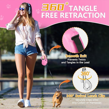 Retractable Dog Leash, 16ft Dog Walking Leash for Small Dogs up to 77lbs, Non-Slip Handle - Pink