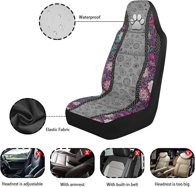 Dog Paw Car Front Seat Covers Boho Floral 2 Packs Automotive Front Seat Covers Waterproof Bucket Seat Cover Protective Car Interior Accessory