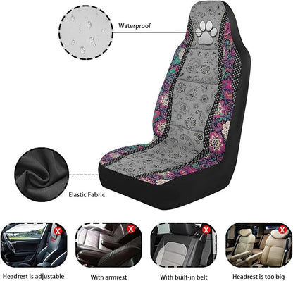 Dog Paw Car Front Seat Covers Boho Floral 2 Packs Automotive Front Seat Covers Waterproof Bucket Seat Cover Protective Car Interior Accessory