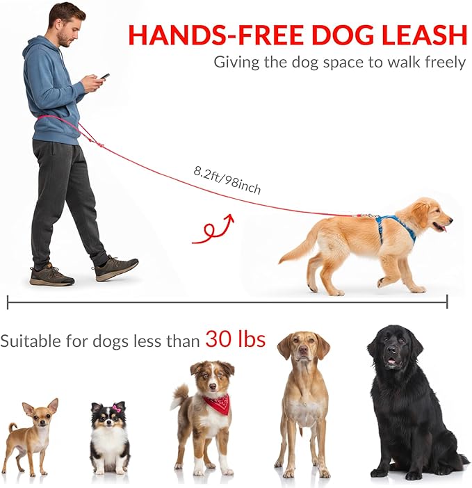 8.2ft Hands Free Dog Leash,Versatile Waist & Crossbody Lead for Medium Dogs,Waterproof & Adjustable for Running Jogging Walking, 360° Swivel Metal Buckle (Red)