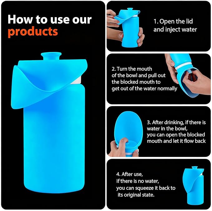 Jalopink Portable Dog Water Bottle, 2-in-1 Leak Proof & Collapsible Silicone Pet Dispenser with Built-in Bowl, Food Grade Travel Cup for Walking, Hiking (19oz/550ml, Blue)