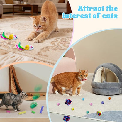 27Pcs Cat Toys Variety Pack for Indoor Cats, Interactive Spring Cage Mice & Small Mice, Plush Balls, Crinkle Balls, Colorful Springs, Cat Chew Chase Play Set for Boredom Relief & Self Play