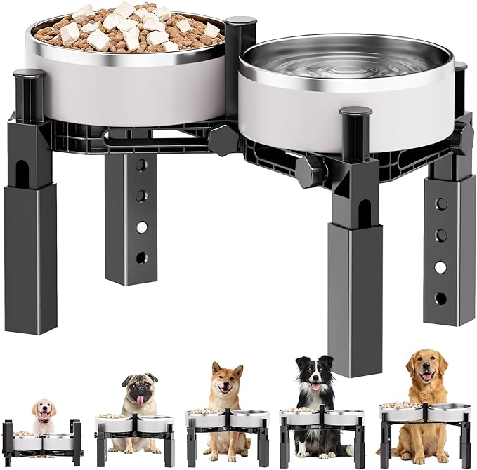 Aystkniet Dog Bowl Stand with Adjustable Height & Width, Anti-Slip Elevated Food Water Bowl Holder for Large Medium Small Dogs, Durable Raised Dog Feeder for Lifted Feeding, Only Stand Without Bowls